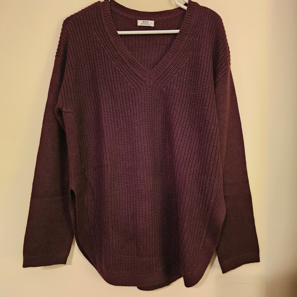 ARDENE Burgundy Chunky V Neck Long Sleeve Sweater Suede Elbow Patches Size L